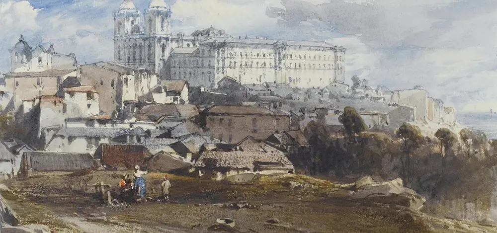 Aguarela de Lisboa: o mosteiro de São Vicente de Fora sobre os telhados, com gente na encosta